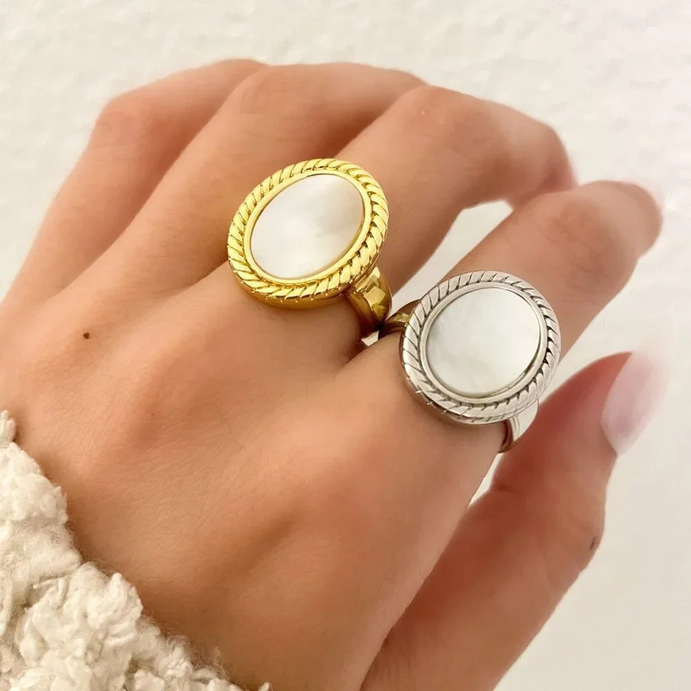 925 Sterling Silver Mother of Pearl Statement Ring Chunky Ring Round Oval Rng